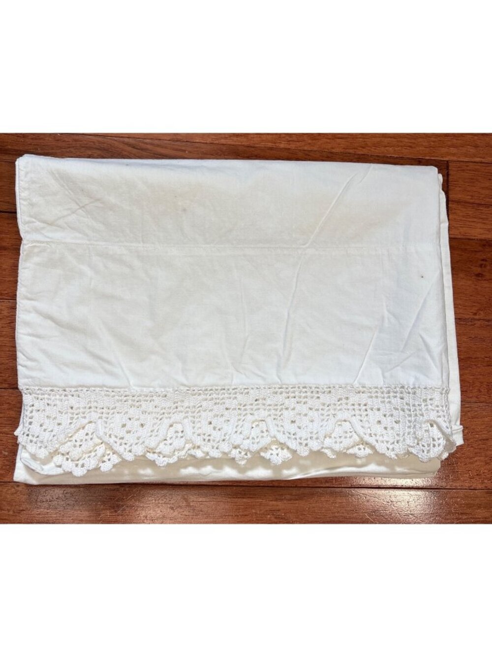 White Cotton Pillowcase Crocheted Lace Hem Antique Charm Vintage